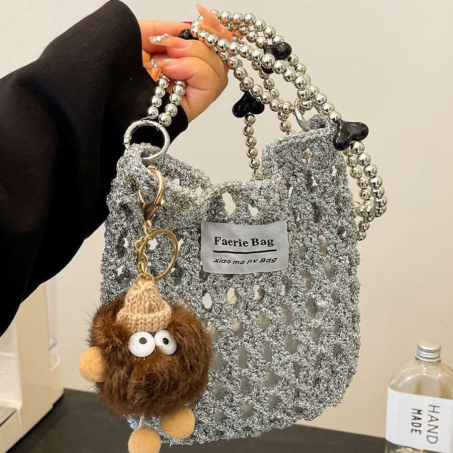 (Finished Product) Handmade Crochet Silver Thread Shoulder Phone Bag Crossbody Women's Fashion Versatile