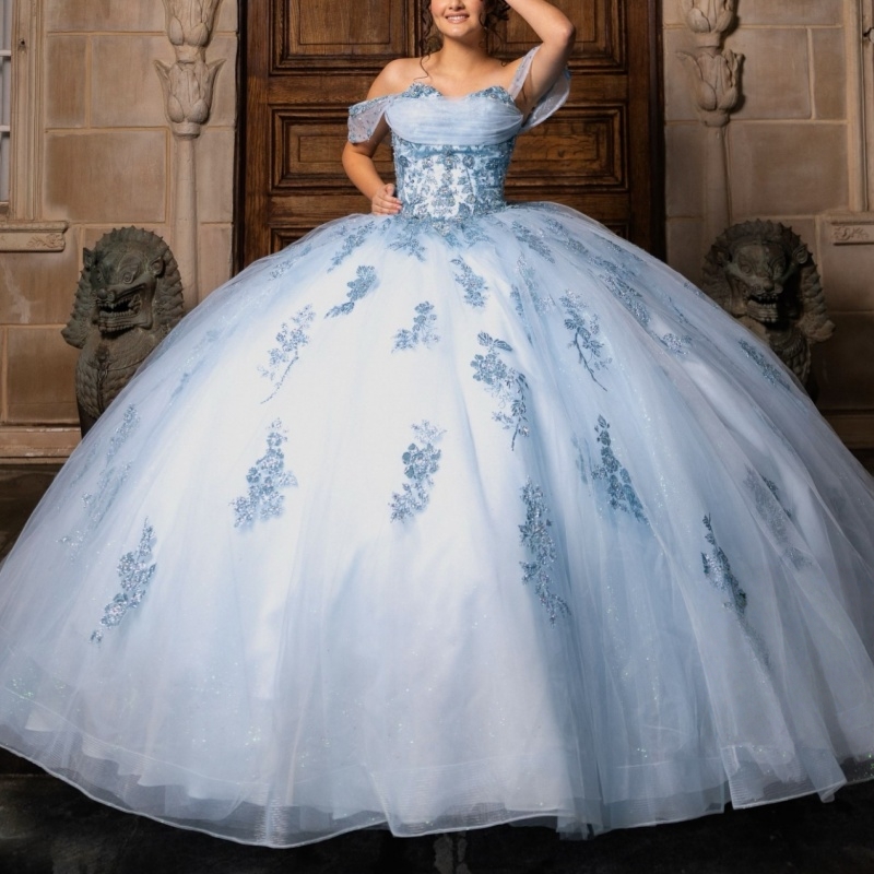 Light Blue Shiny Quinceanera Dresses Ball Gown Off The Shoulder Applique Lace Beads Tull Sweet 16 Dress Vestidos 15 De Anos