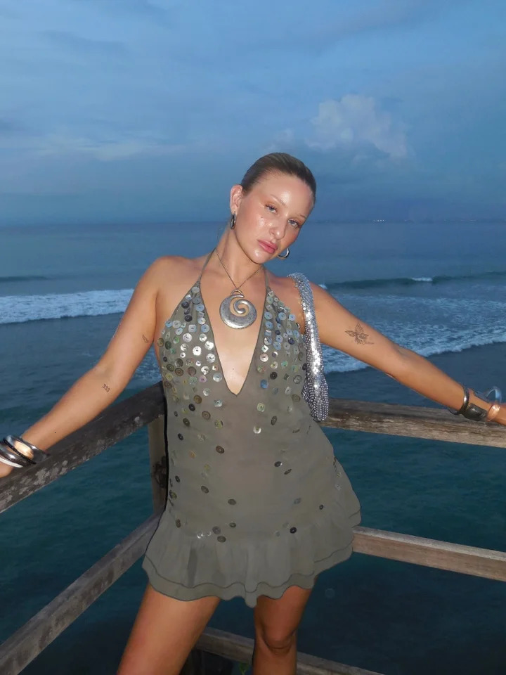 Halter Bead Women Dress Metal Nail Button Hanging Neck Deep V Backless Ruffled Camisole Mesh Beach Sexy Short Strap Dresses 250605