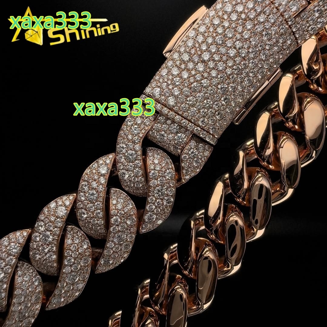 Iced Out 10K Solid Rose Gold Mosaic Setting Lab Grown Diamond Cuban Link Chain Necklace 20MM Width
