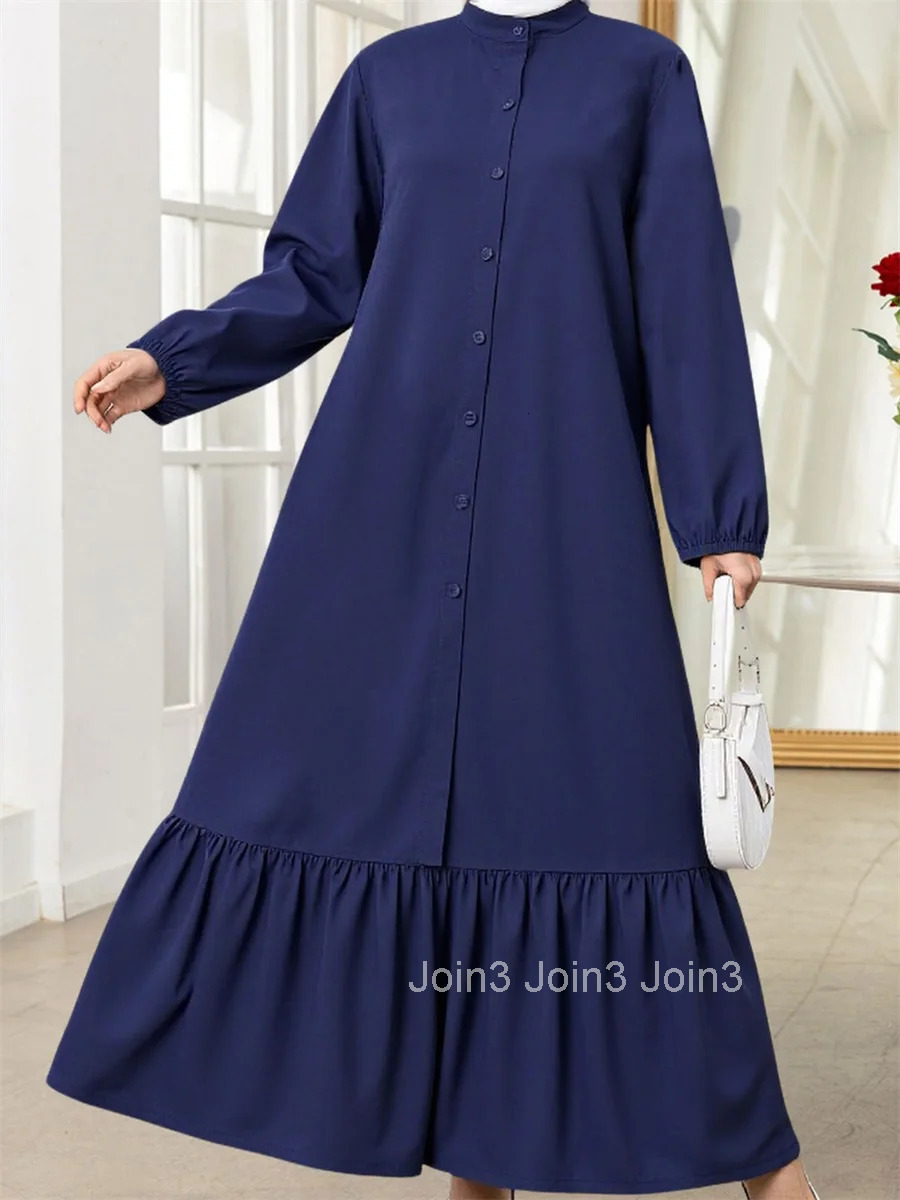Middle Eastern Style Womens Long Dress with Solid Color and Loose Fit Design Featuring Button Down Front Crew Neck and Long
