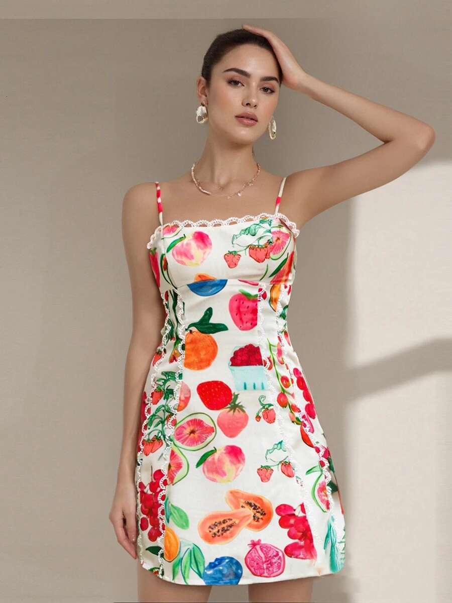 Womens Tropical Print Sleeveless Mini Dress Spaghetti Strap A-line Beach Dress Summer Party Dress Fruit Pattern