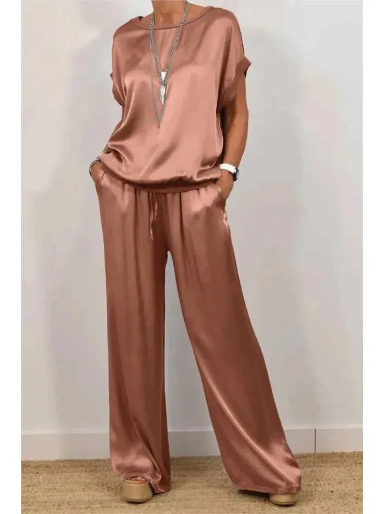 Spring Summer Fashion Solid Smooth Satin Two Piece Sets Womens O-neck Short Sleeve Top Wide Leg Pant Casual Loose Set 250605