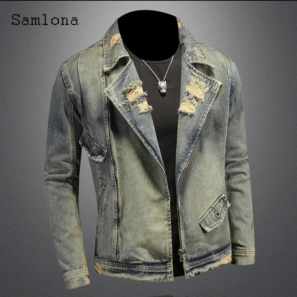 2025 Spring Autumn Motocycle Denim Jackets Men Fashion Ripped Jean Jacket Sexy Mens Notched Zipper Pockets Outerwear 250530