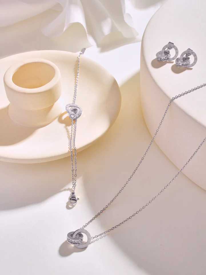 Stainless Steel 18K Gold Plated Interlocking Circles Infinity Style Roman Numerals Necklace Earring Jewelry Set Z250607