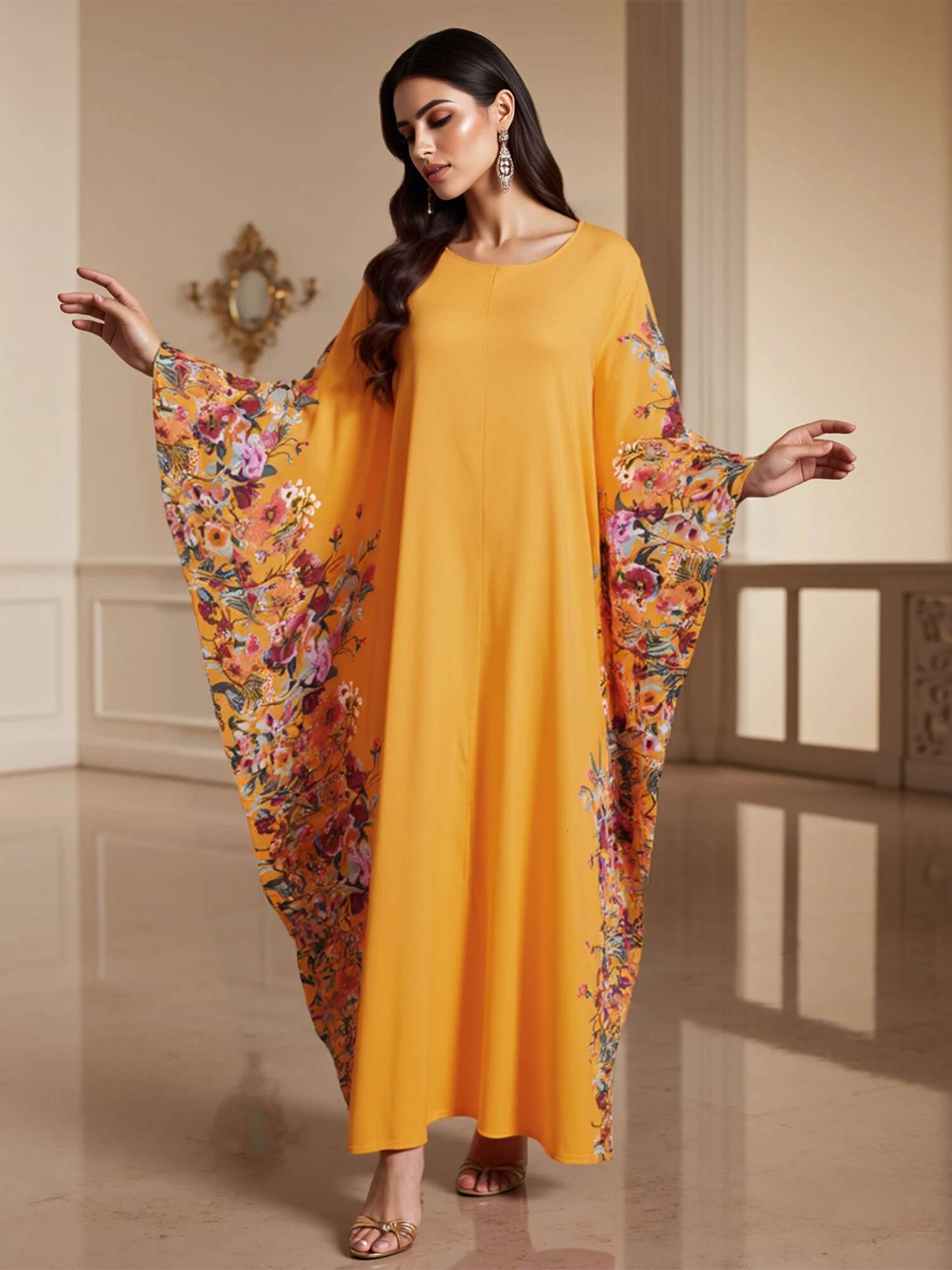 Women Ramadan Abaya Stylish Geometric Pattern Loose Bat Sleeve Split Islamic Prayer Dresses Casual Arabic Dresses Robe