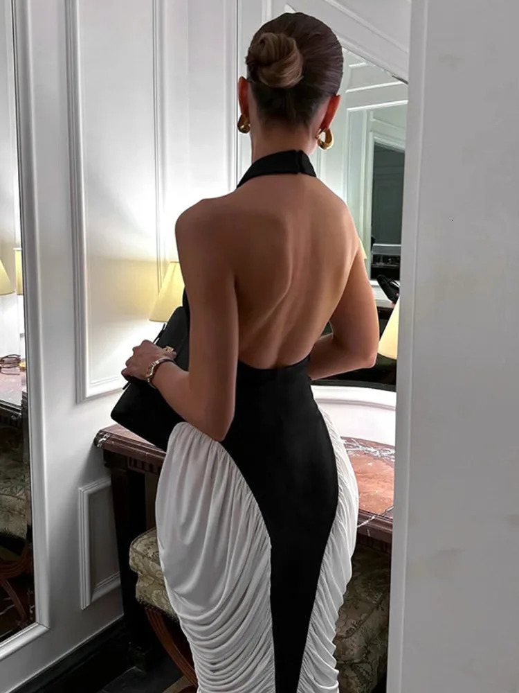 Mozision Patchwork Halter Backless Sexy Midi Dress Women Gown Elegant Fashion Contrast Color Sleeveless Pleated Long Dress 250605