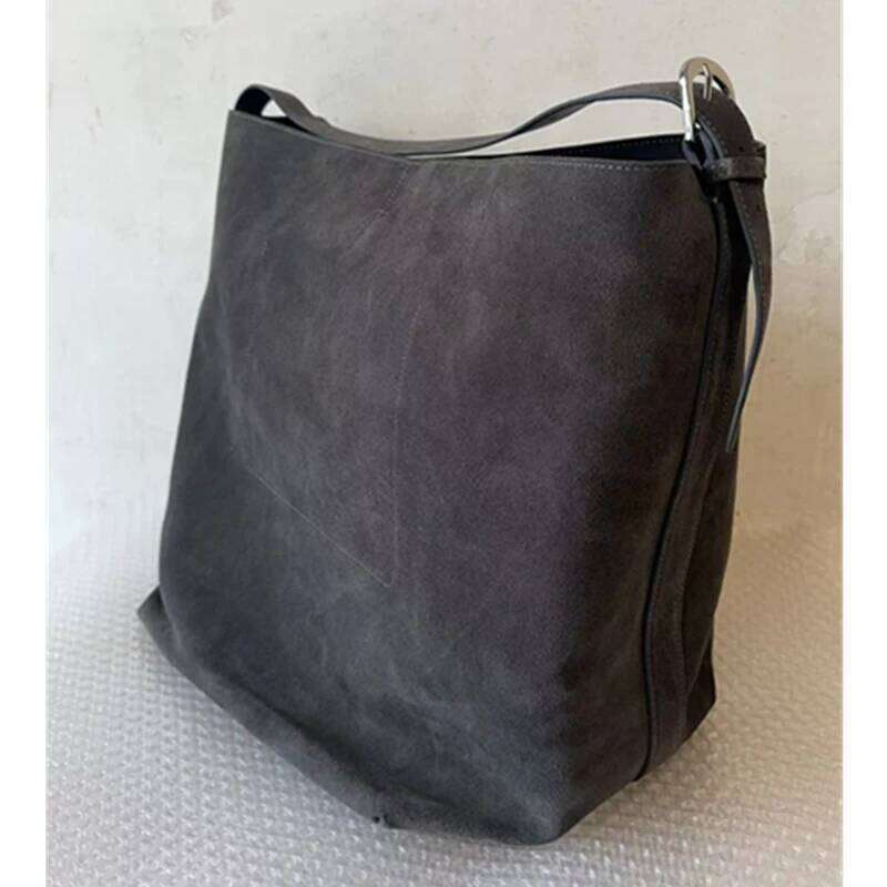 Jenny&Dave Minimalist Vintage Suede Frosted Cowhide Bucket Genuine Leather Commuter Large Capacity Tote Bag Women