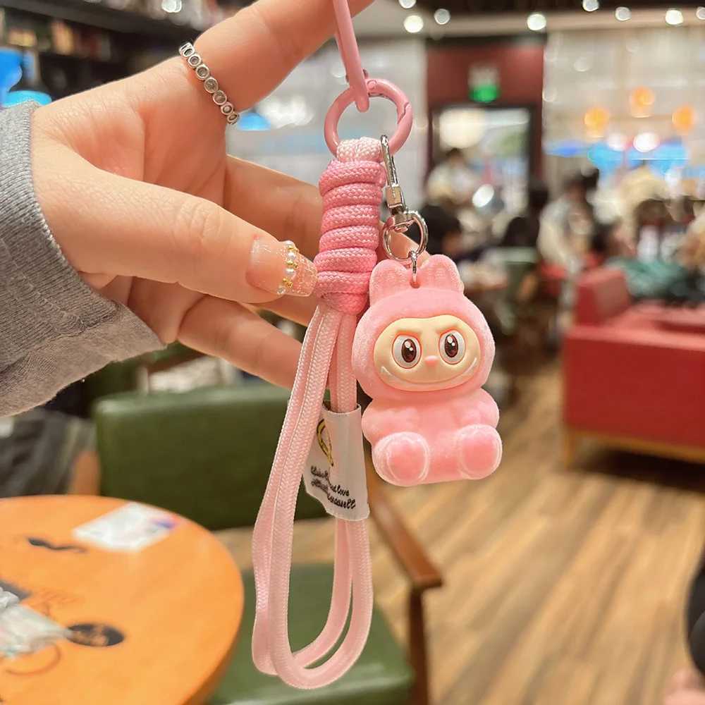 New Trend Cartoon Labubu Keychain Flocked fabric Cute Doll Bag Pendant Fashion Car Key Chain Accessories Gift A41 XJ250607
