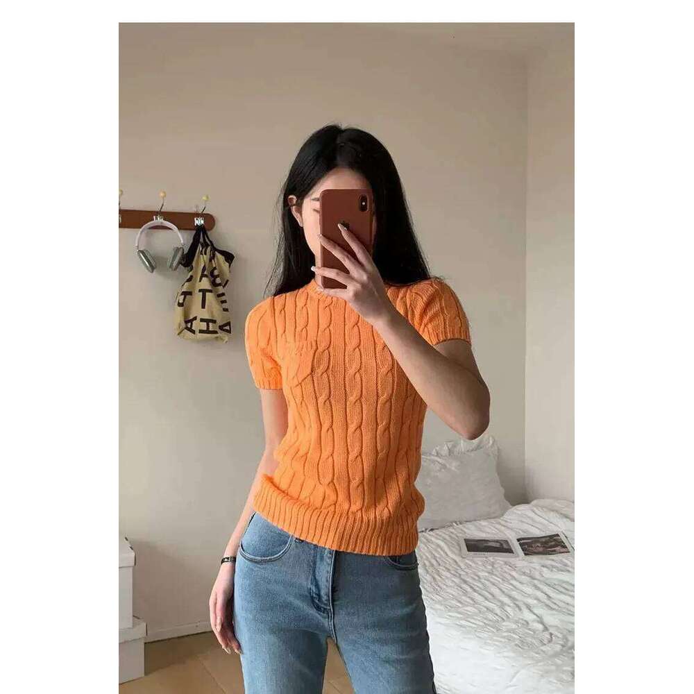 2025 Women's High-Quality Cashmere Knit Sweater Summer Short Sleeve Cable Embroidery Round Neck Cotton Blend Pullover Top