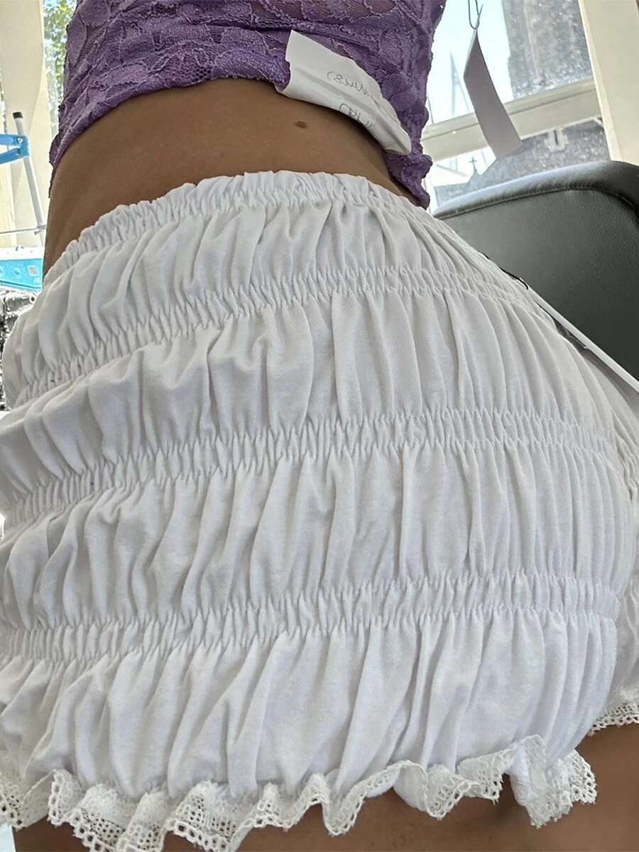 Womens Lace Trim Elastic Waist Pajama Shorts with Ruched Detail - Soft and Comfortable Sleepwear Bottoms for Summer Casual Wear