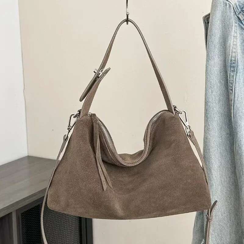 Women Genuine Bags Lady Simple Grey Brown Boston Tote Soft Matte Suede Cow Leather Women's Handbag Shoulder Bag