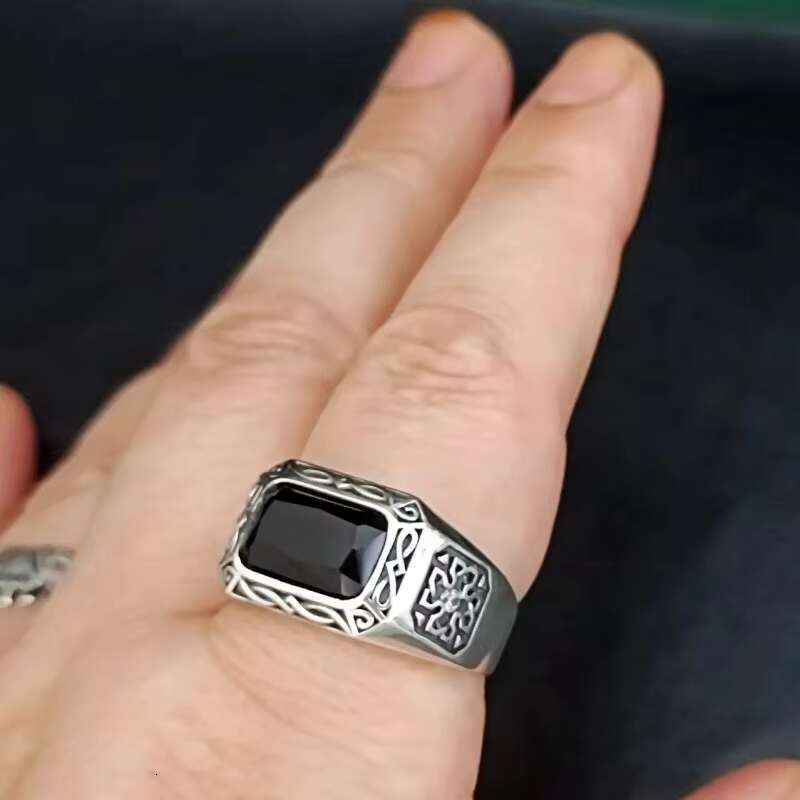 BOCAI Fashion S925 Sterling Silver Punk Style Ring Natural Black Agate Rectangle Ethnic Style Exquisite Gift Parties Men Ring