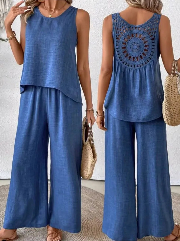Hollow Out 2 Piece Sets Women Lace Sleeveless Top Wide Leg Pants Set Solid Color Matching Sets 2 Piece Sets Women 250605