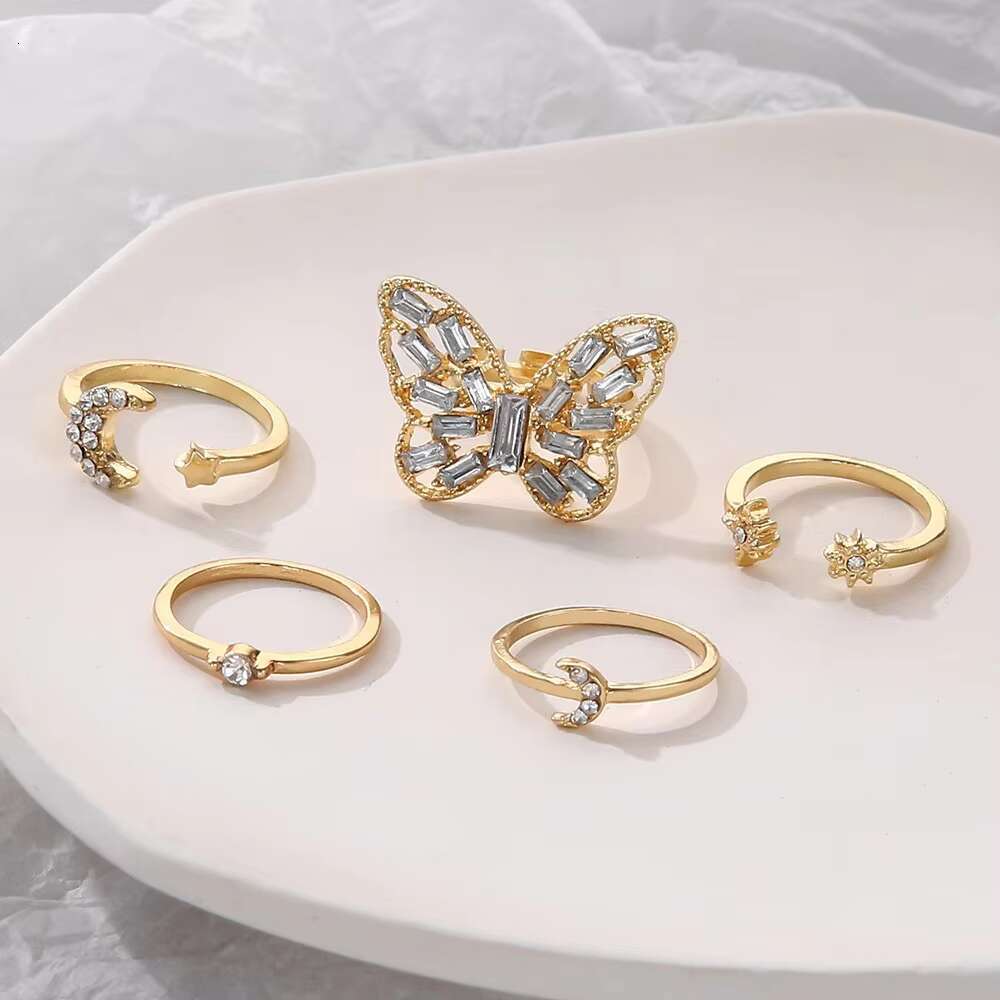European American Cross-Border Hot-Selling Diamond-Encrusted Large Butterfly Index Finger Ring 5-Piece Set Ring Fashion Rings