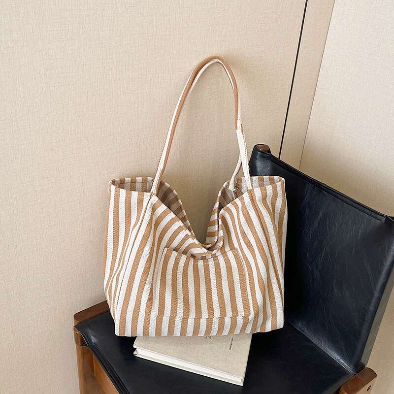 Artistic Casual Large Capacity Canvas Tote 2025 New Korean Style Striped Fashion Handbag Shoulder Bag