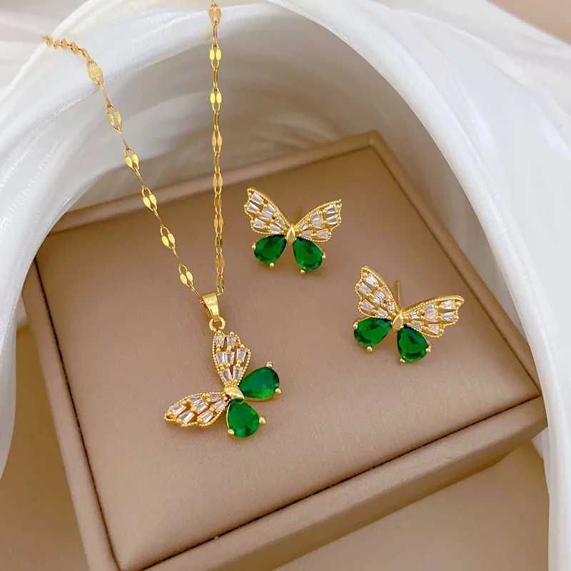 Classic Charm Micro-Paved Green Jewelry Butterfly Stainless Steel Necklace Earrings Set Fashion Hollow Party Gift Z250607