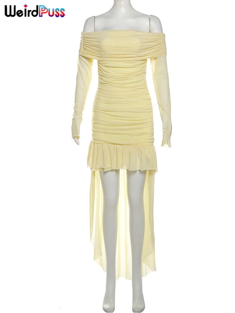 Weird Puss Elegant Sexy Dress Women Slash Neck Irregular Hem Side Tassel Birthday Party Full Sleeve Ruched Mini Bodycon 250605