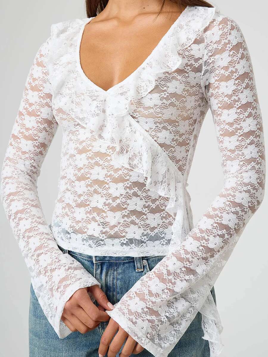 Womens Long Sleeve Lace Trim V-neck T-shirt with Ruffles - Fit Spring and Fall Casual Top for a Stylish Look