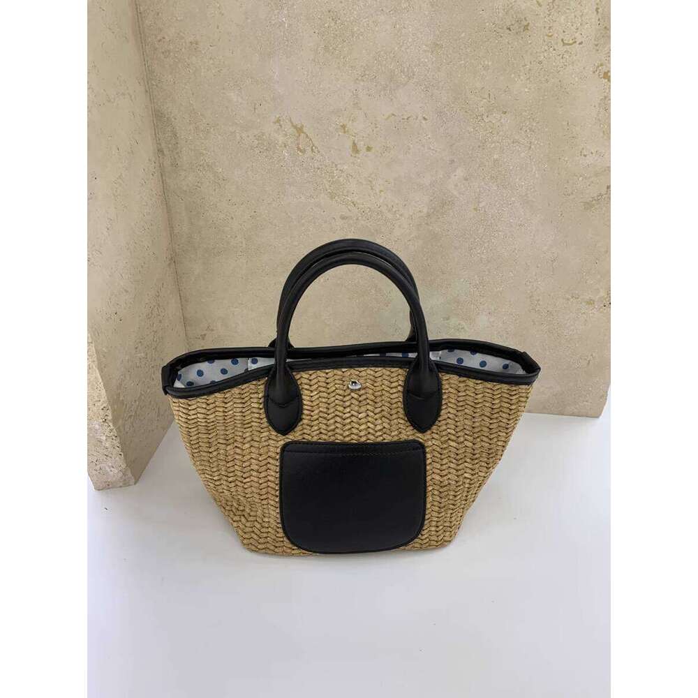 Straw Woven Basket Artistic Patchwork Color Block Pastoral Style Tote Bag Large Capacity Casual Handbag