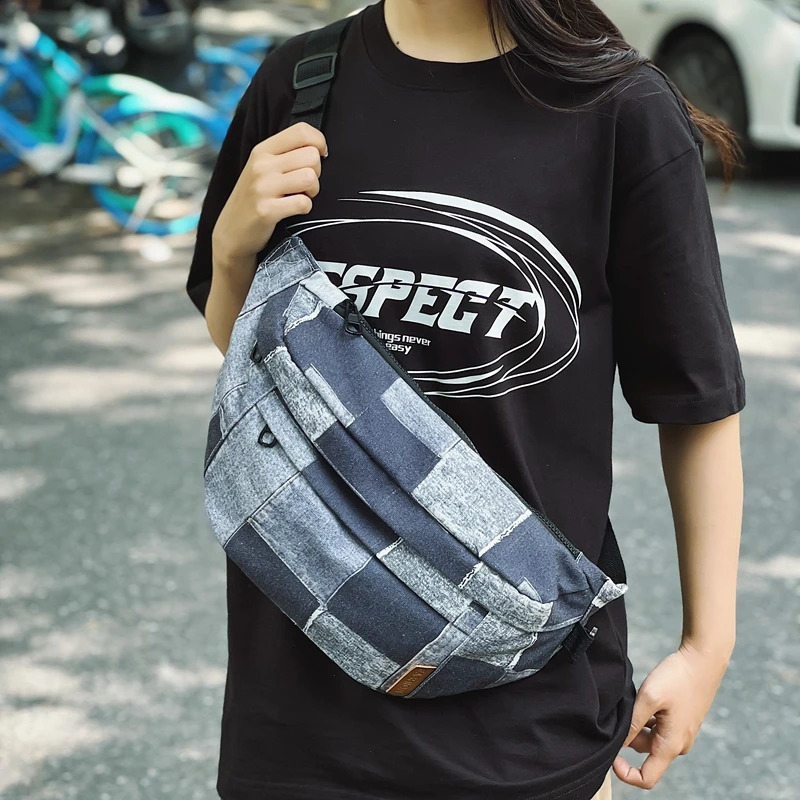 Large Capacity Waist Bag Canvas Fanny Pack For Women Big Plaid Denim MultiFunctional Crossbody Chest Banana Packs 250605