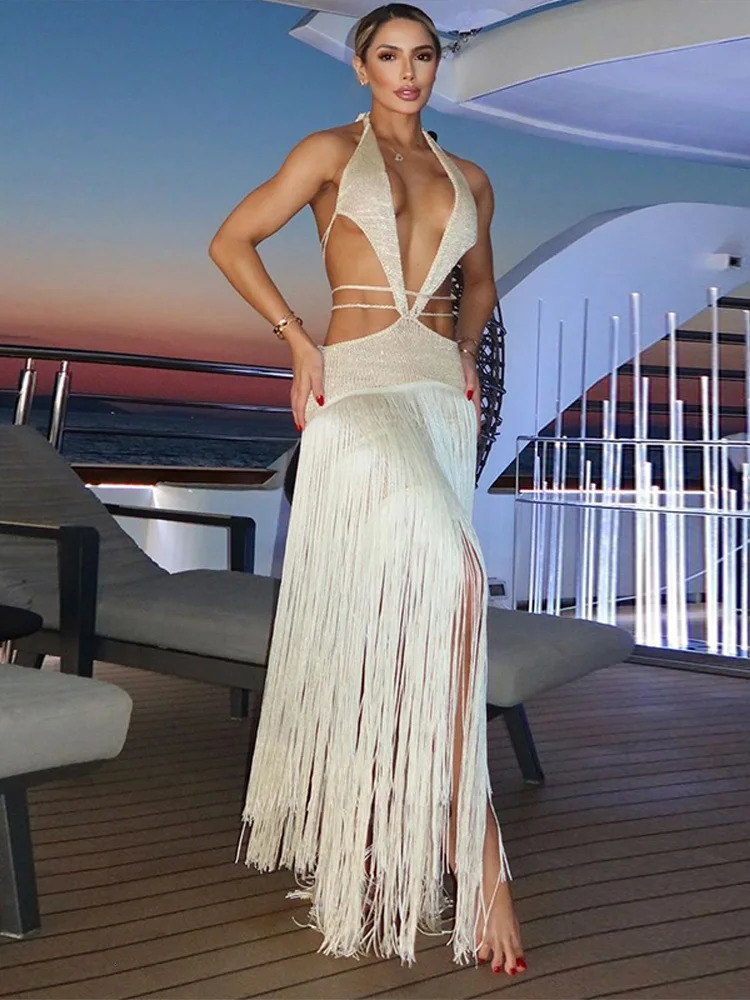 Neck Tassel Deep V-Neck See Through Womens Long Dress Sexy White Backless Robe Longue Summer Holiday Females Long Dresses 250605