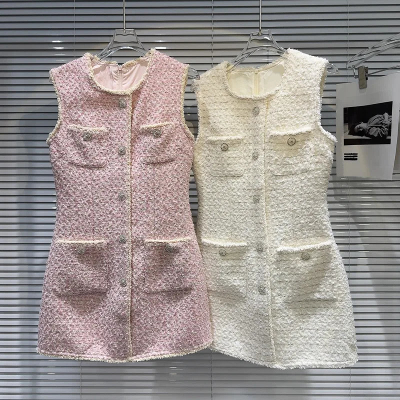 PREPOMP Autumn Arrival Sleeveless Rhinestone Buttons Tweed Short Tank Dress Women GS113 250603