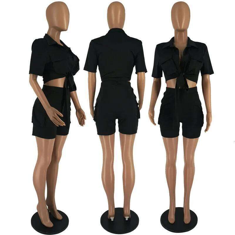 Streetwear Two Piece Set For Women Summer Outfits Pockets Sleeve Button-Up Shirt Top Short Party Club Matching Sets