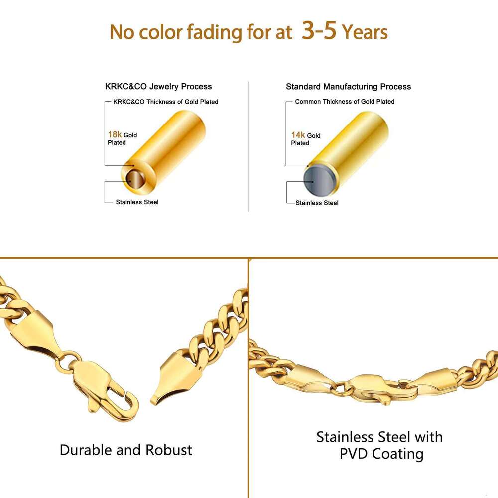 Real Gold Plated 3mm 5mm Durable Waterproof Stainless Steel Jewelry Gift Miami Cuban Chain Bracelet for Men and Women