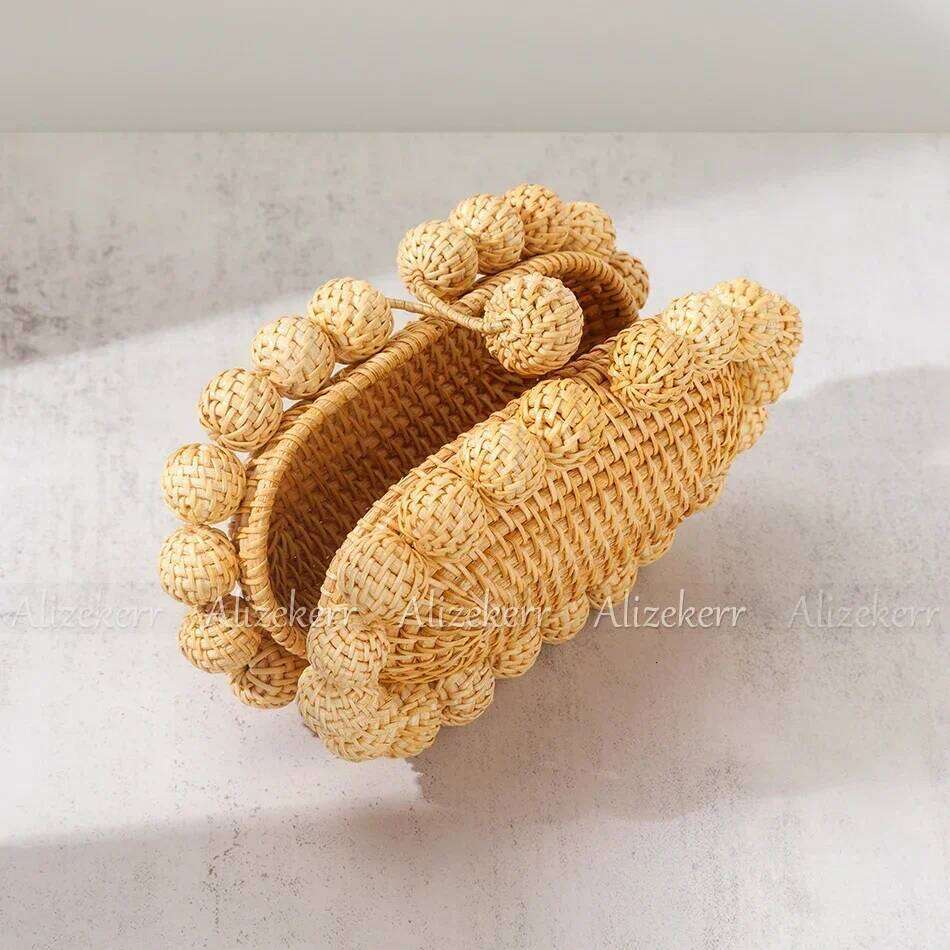 Alizekerr Beaded Beach Clutch Bags Women 2024 Boutique Elegant Designer Hand Woven Rattan Handbag Bohemian Summer Holiday
