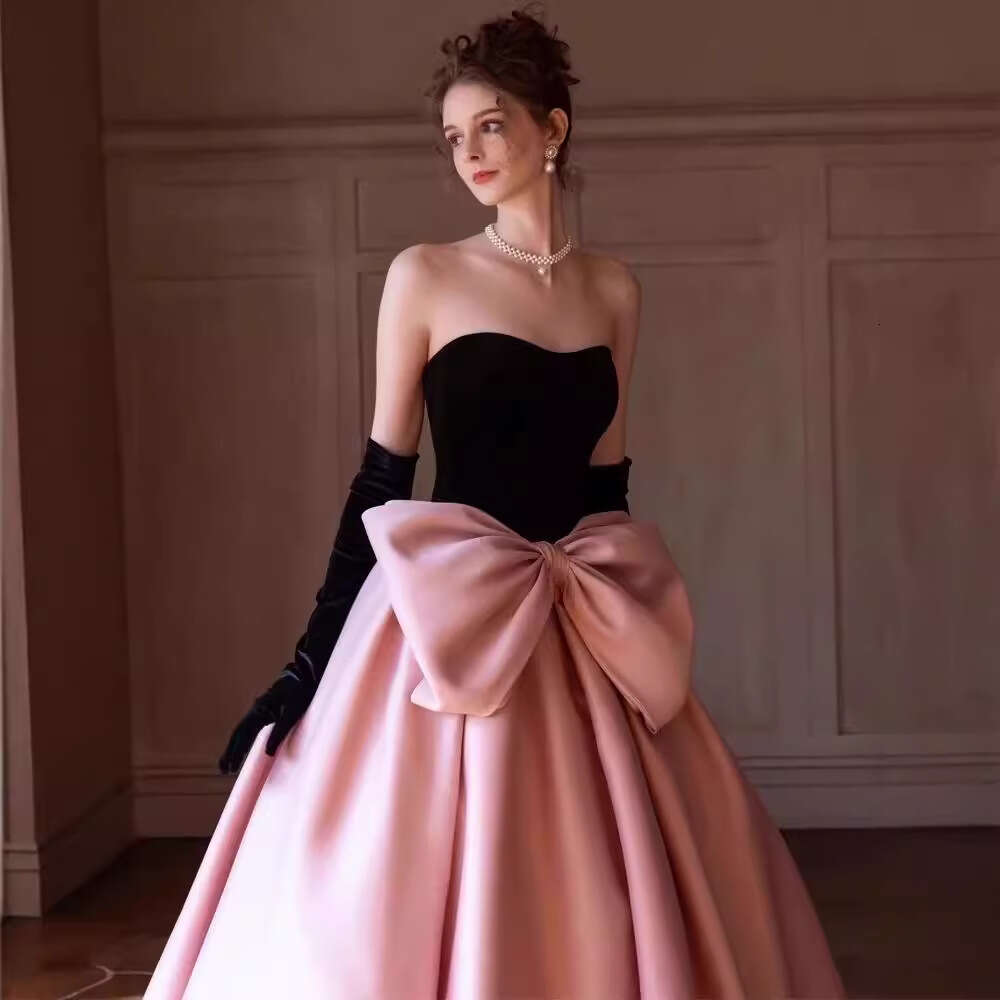 High-End Eveni Pink Black Bow Princess Eagement Banquet Elegant Student Day Comi-of-Age Graduation Art Exam Dress 2025 New Casual Versatile Fashion