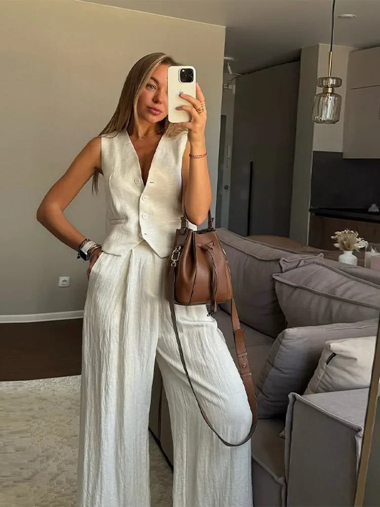 Fashion Womens Vest Trouser Suits Sleeveless Button Wide Leg Pant Lady Set 2025 Spring Summer Casual 2 Pieces Set Women 250605