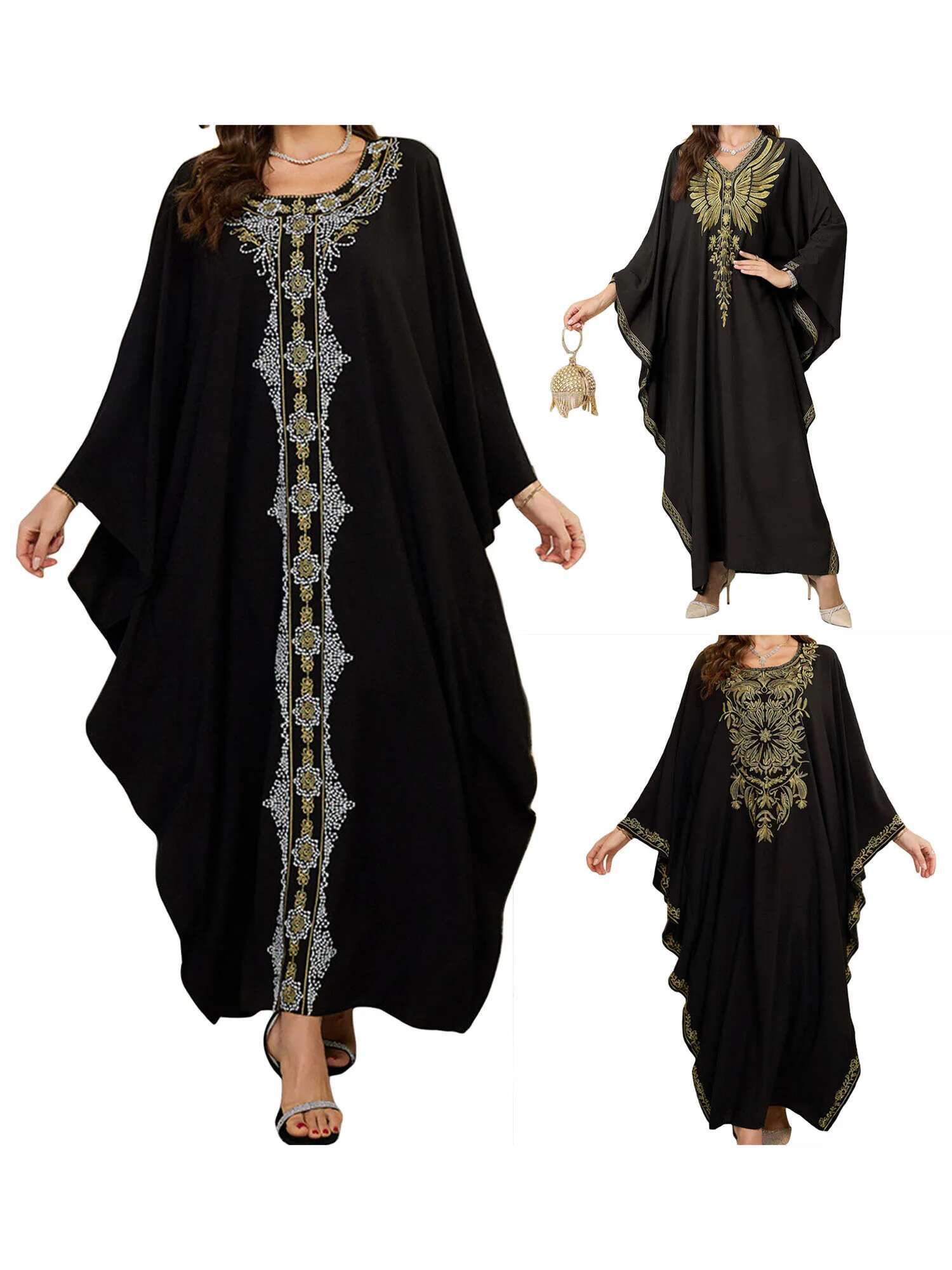 Womens Long Sleeve Floral Embroidered Beach Cover Up Dress with Round Neckline and Loose Fit for Arabic Style Beachwear