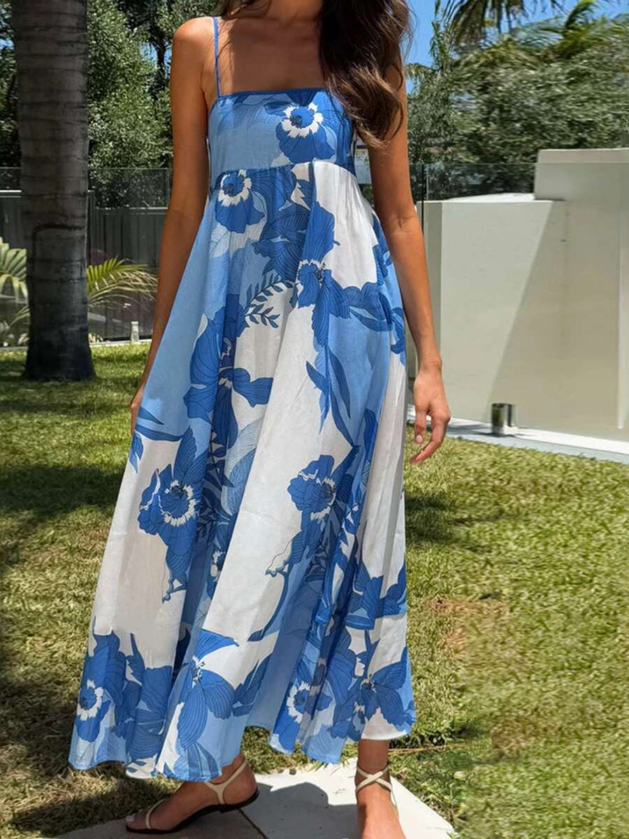 Womens Elegant Floral Print Sleeveless Maxi Dress with Adjustable Spaghetti Straps and A-line Silhouette for Summer Beach