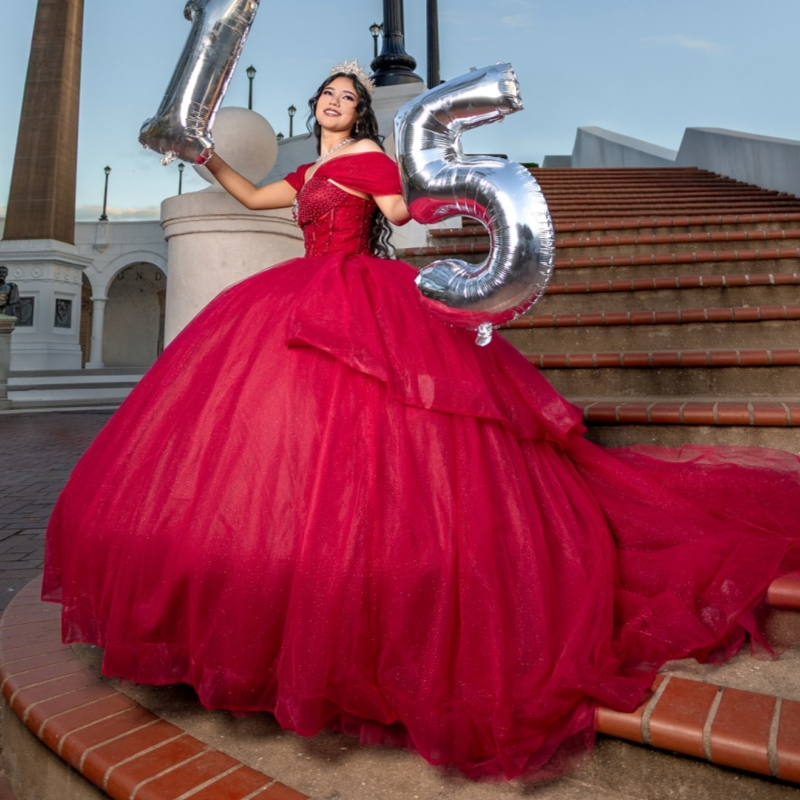 Red Shiny Quinceanera Dresses Ball Gown Off The Shoulder Beading Tull Sweet 16 Dress Vestidos 15 De Anos