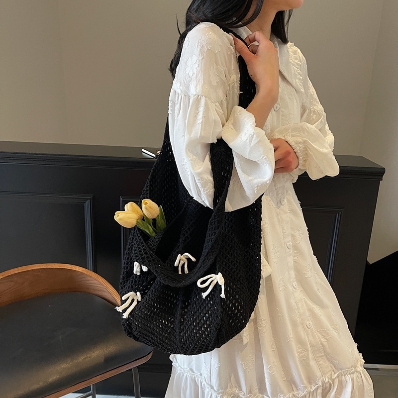 designer Lazy Style Large Capacity Knitted Tote Bag for Women Casual Versatile Bowknot Niche Woven Bag Beac