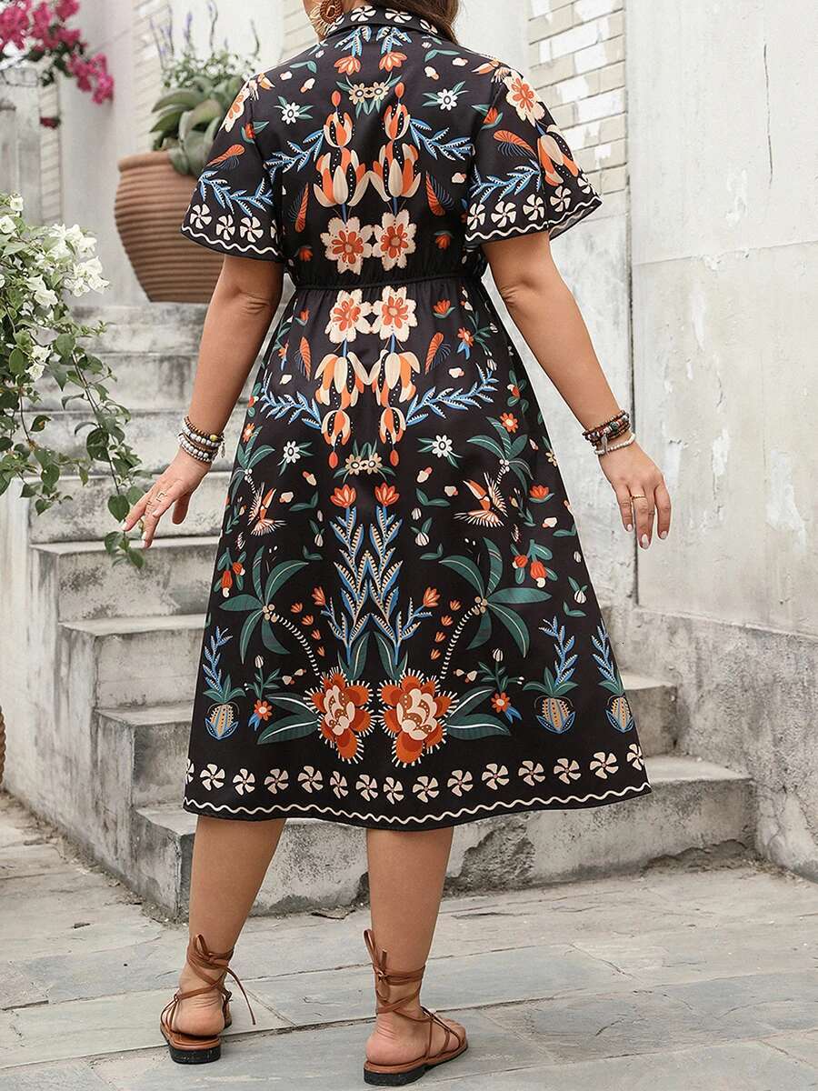Women Plus Size V-neck Maxi Dress Elegant Floral Print Short Sleeve Bohemian Party Dress for Summer Beach Wedding Guest