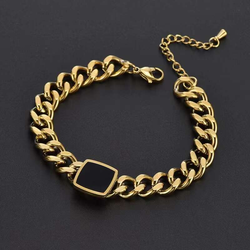 Stylish and Simple Personality 18K Gold Little Black Brand Necklace Set Punk Cuban Stainless Steel Bracelet