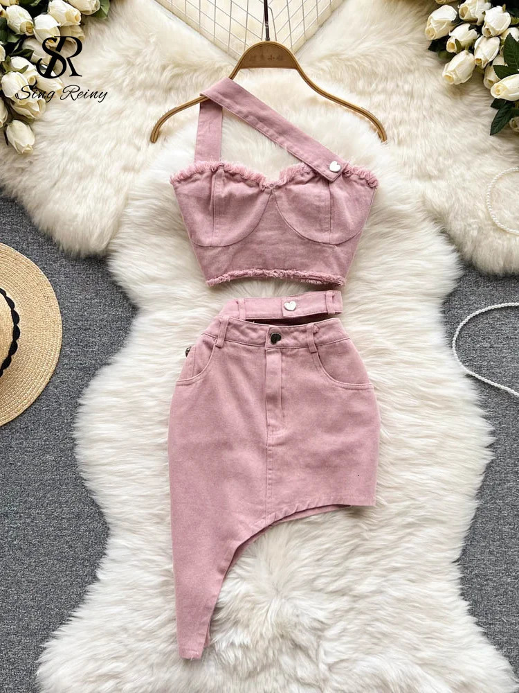 SINGREINY Denim Pink Sexy Women Sets Zipper Sashes Button Pocket Irregular Strapless Backless Top Denim Skirt Two Piece Set 250605