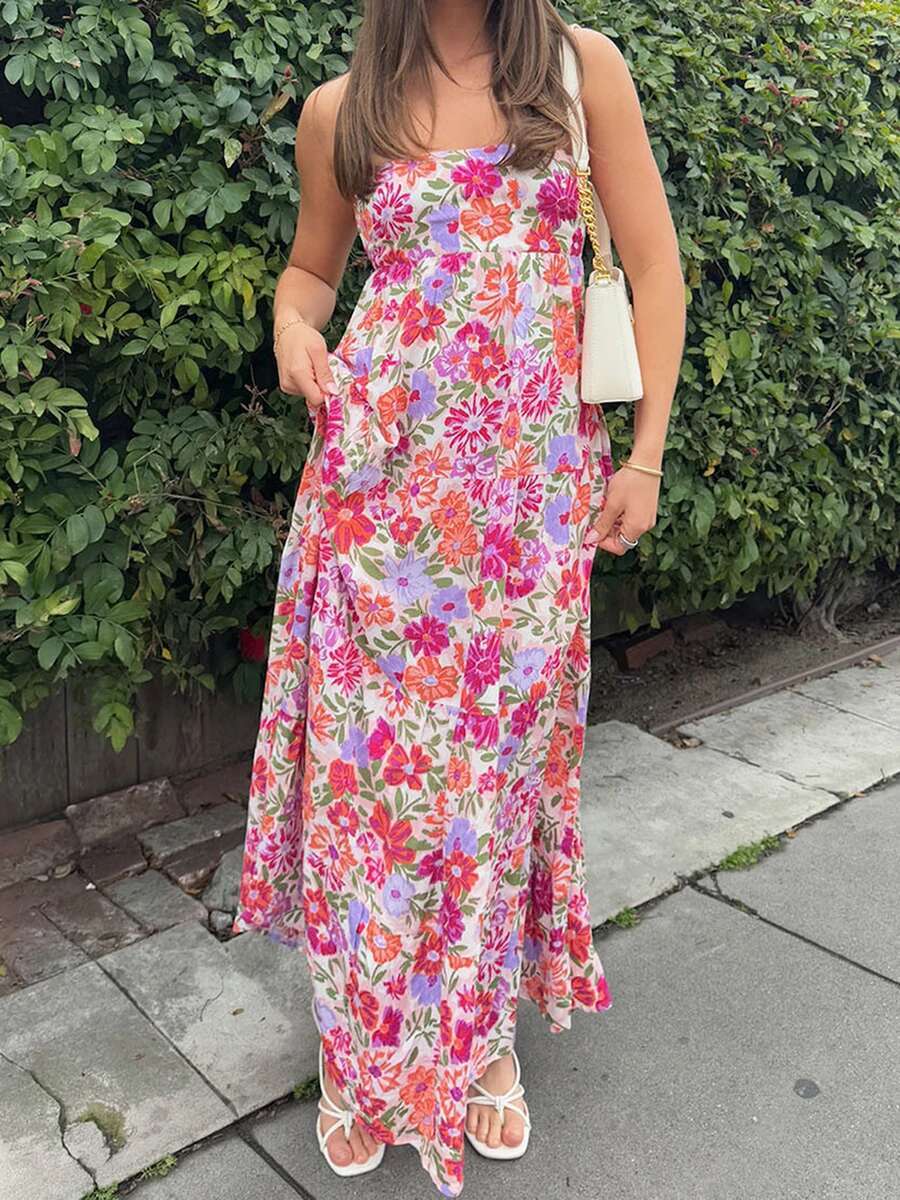 Elegant Off-shoulder Maxi Dress with Boho Floral Print and Lace-up Back Detail for Summer Wedding Party or Vacation Beachwear