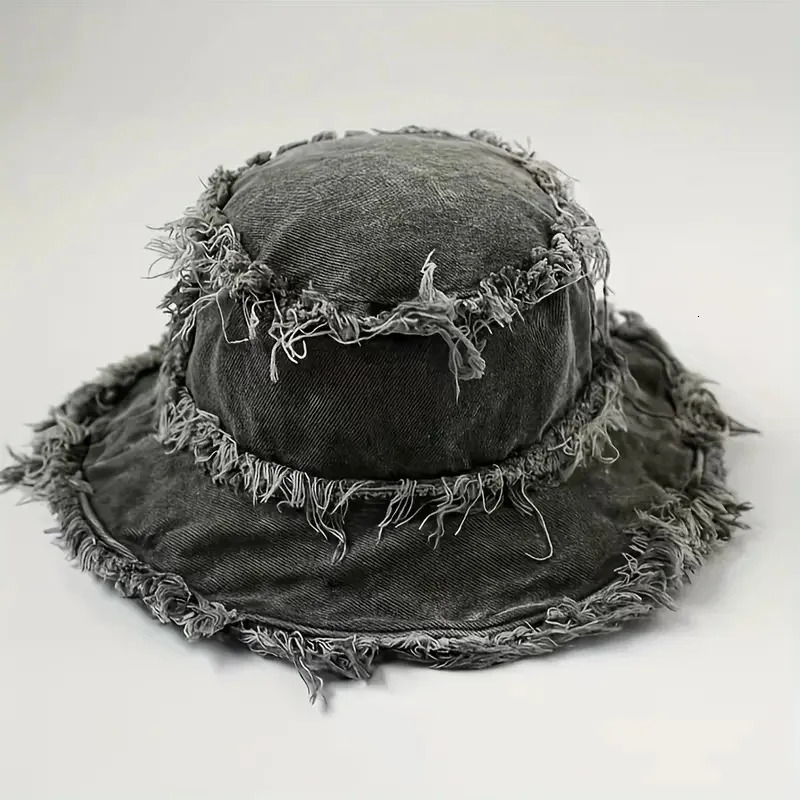 Raw Hem Denim Bucket Hat Letter Label Basin Hats Stylish Versatile Lightweight Fisherman Hats-Daily wear matching and shading 250605