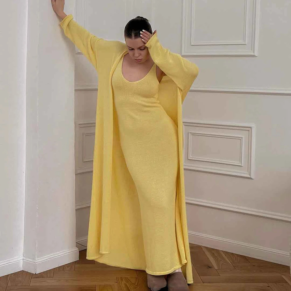 Tuularose Womens Long Dress 3 Piece Solid Knitted Camisole Dress Long Sleeve Cardigan Set Casual Fashion Womens Dress Sets 250605