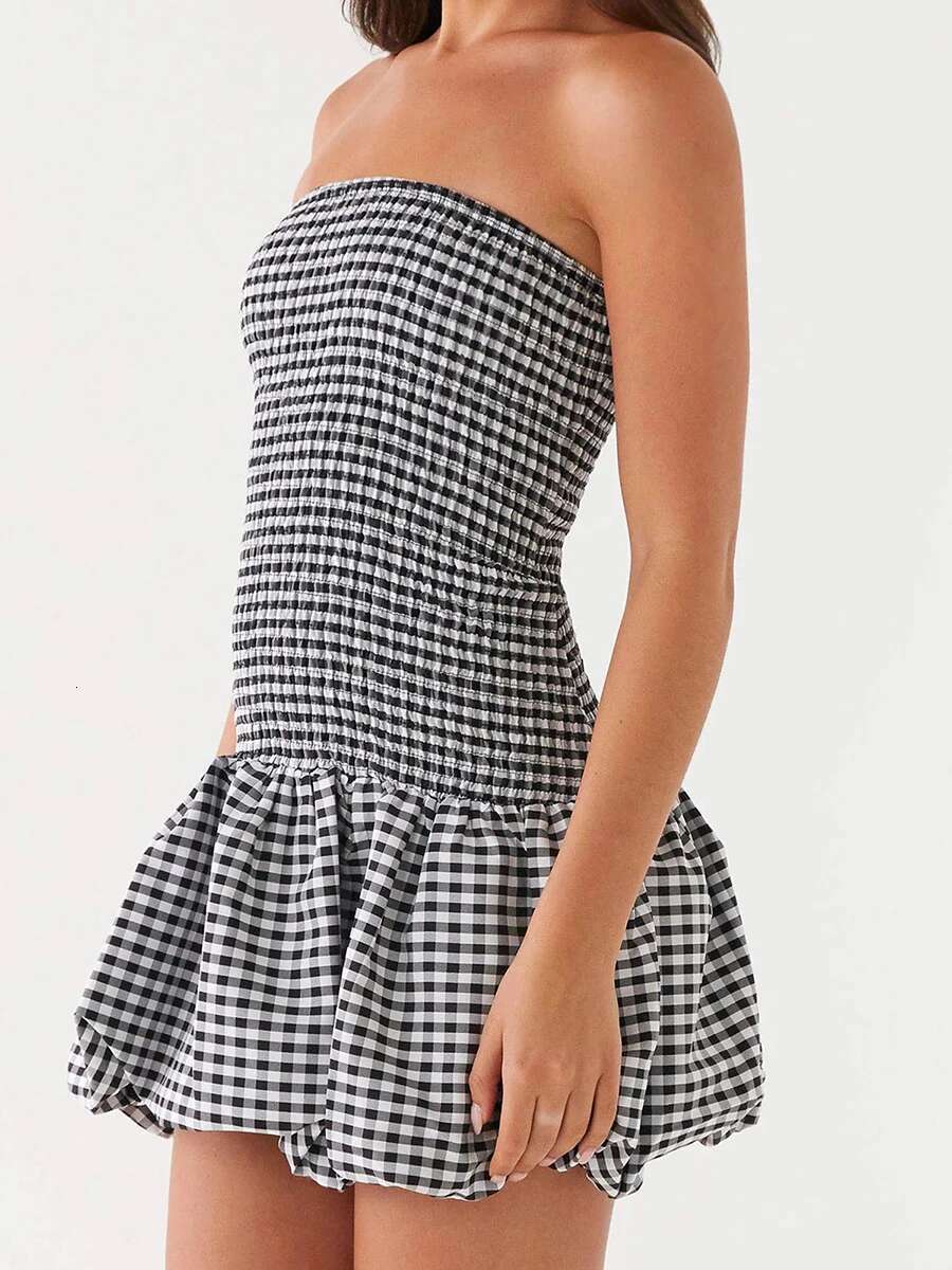 Womens Plaid Off Shoulder Mini Dress with Pufll Sleeves and Tube Top Design for a Stylish Look