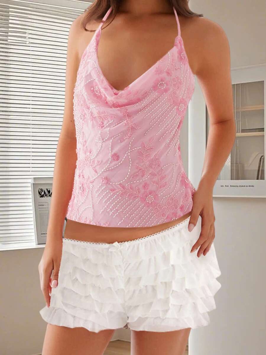 Elegant Lace Sleeveless Halter Top with Delicate Embroidery Detail and Open Back Design for Chic Street Style Fashionistas