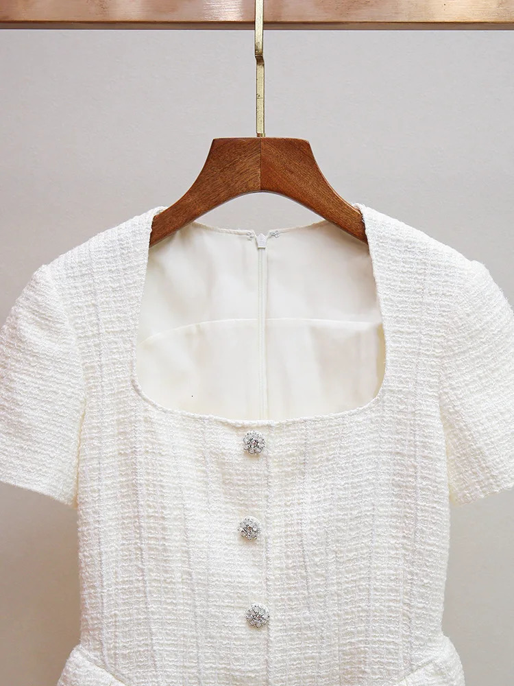 Crystal Short Sleeve Tweed Dress Women Summer Autumn Single Breasted Diamonds Button Mini Prom Party Dresses 250603