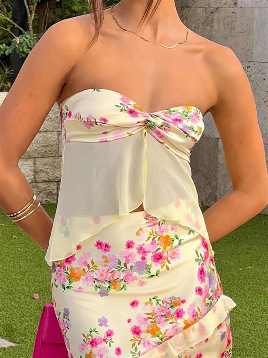 Floral Print Bandeau Tops Womensummer Fashion Solid Color Strapless Tube Tops Backless Streetwear Shirts Trendy Chic Style