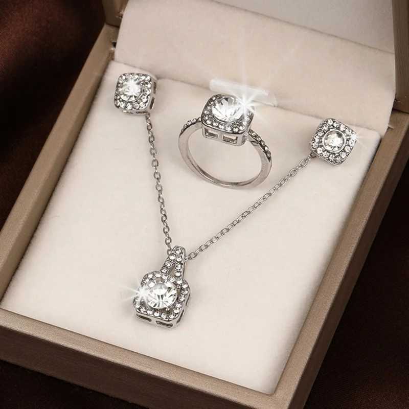 Fashion Square Zircon Necklace Earrings Ring For Women Luxury Wedding Engagement Jewelry Shining Party Jewelry Gifts Z250607