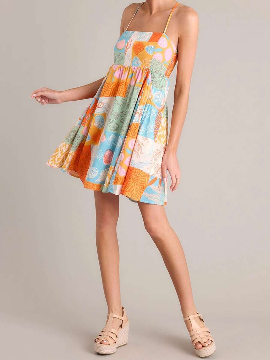 Womens Boho Floral Print Spaghetti Strap Maxi Dress with Open Back and Ruffle Hem for Summer Beach Vacation