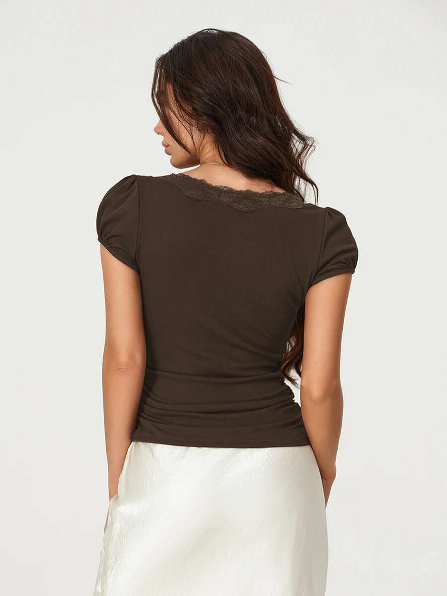 Womens Short Sleeve Lace Patchwork V-neck T-shirt Summer Fit Casual Top Streetwear Fashion Blouse Trendy Tee