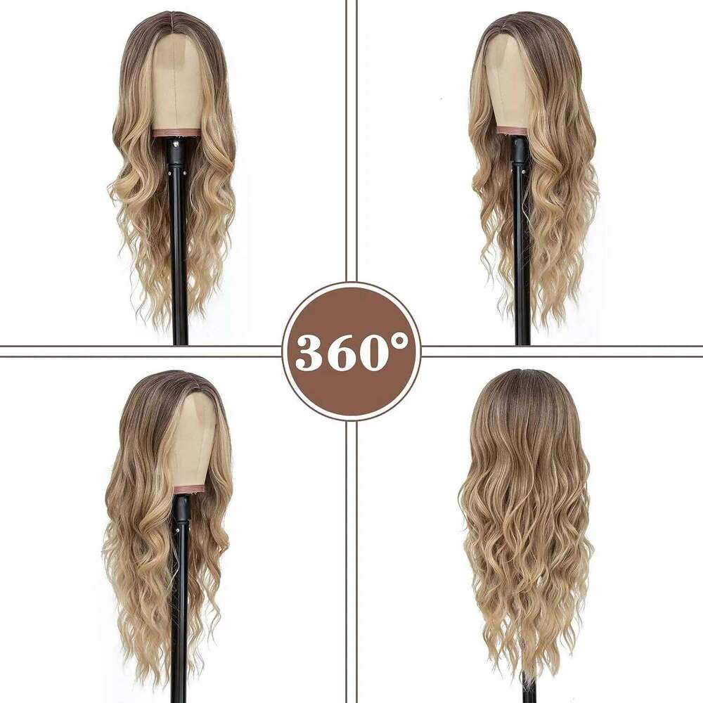 NAMM Synthetic Long Lace Ombre Blonde Wavy Wig Women 26 Inch Middle Part Curly Natural Looking Heat Resistant Fiber for Daily